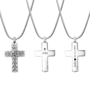 Personalized Etched Cross Cremation Necklace, Cremation Jewelry for Ashes,Cross Urn Necklace, Ashes Necklace, with Funnel and Free Gifts Box