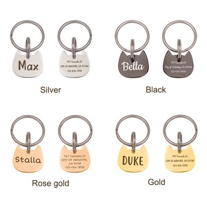 Puede incluir: Cuatro juegos de placas para mascotas con forma de gato en acabados plata, negro, oro rosa y oro. Cada placa muestra un nombre en el frente y una direcci&oacute;n con el texto 927 Canada Ct, CITY OF INDUSTRY, CA 91748, 123-456-7890 en el reverso, unida a una argolla.