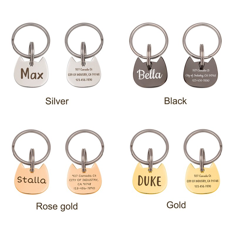 Puede incluir: Cuatro juegos de placas para mascotas con forma de gato en acabados plata, negro, oro rosa y oro. Cada placa muestra un nombre en el frente y una direcci&oacute;n con el texto 927 Canada Ct, CITY OF INDUSTRY, CA 91748, 123-456-7890 en el reverso, unida a una argolla.