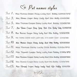 May include: A list of 15 different font styles for pet names. The names Max, Thomas, Cooper, Daisy, Lucky, Karl, Otto, Bobby, and Teddy are used as examples in each font style.