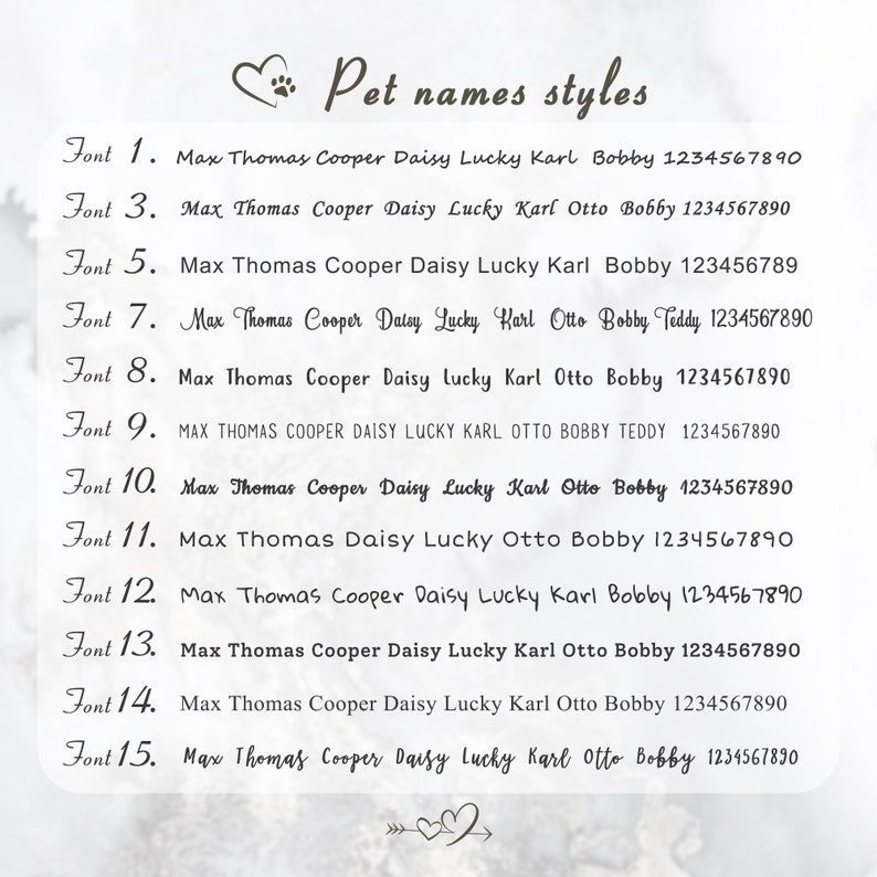 May include: A list of 15 different font styles for pet names. The names Max, Thomas, Cooper, Daisy, Lucky, Karl, Otto, Bobby, and Teddy are used as examples in each font style.