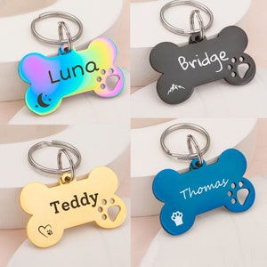 Dog Tag - Dog Tag for Dogs  - Personalized Dog Name Tag with Paw Print - Dog Collar Tag Bone Shape - Cute Dog Tag Black Rainbow Blue