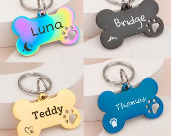 Dog Tag - Dog Tag for Dogs  - Personalized Dog Name Tag with Paw Print - Dog Collar Tag Bone Shape - Cute Dog Tag Black Rainbow Blue