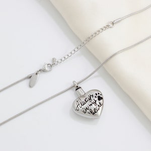 May include: Silver heart-shaped cremation necklace with a paw print and the inscription "Always in my heart".