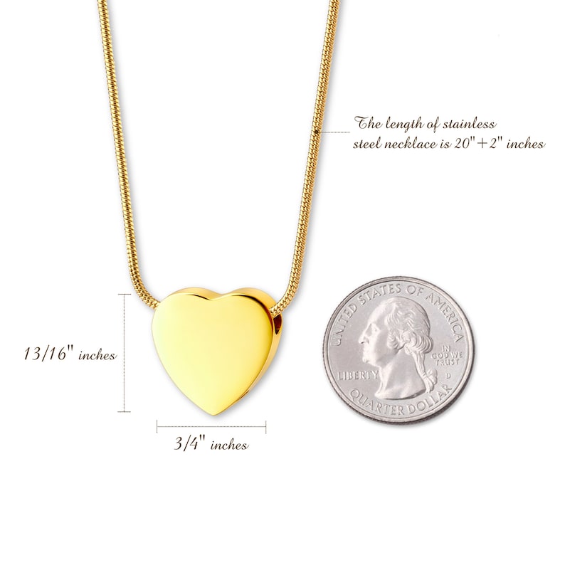 May include: A gold heart-shaped pendant necklace with a chain that is 20 inches long plus 2 inches for the pendant. The pendant is 3/4 inches wide and 13/16 inches tall.
