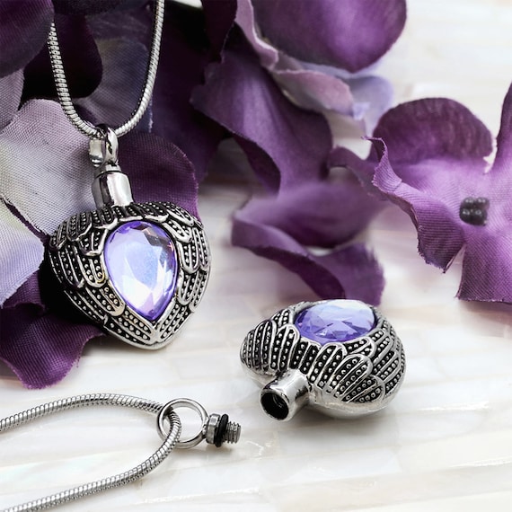 Amethyst Crystal Cremation Jewelry -Personalized Birthstone Pendant Urn for Women -Urn Necklace for Human Ashes - Angel Wings Ashes Necklace