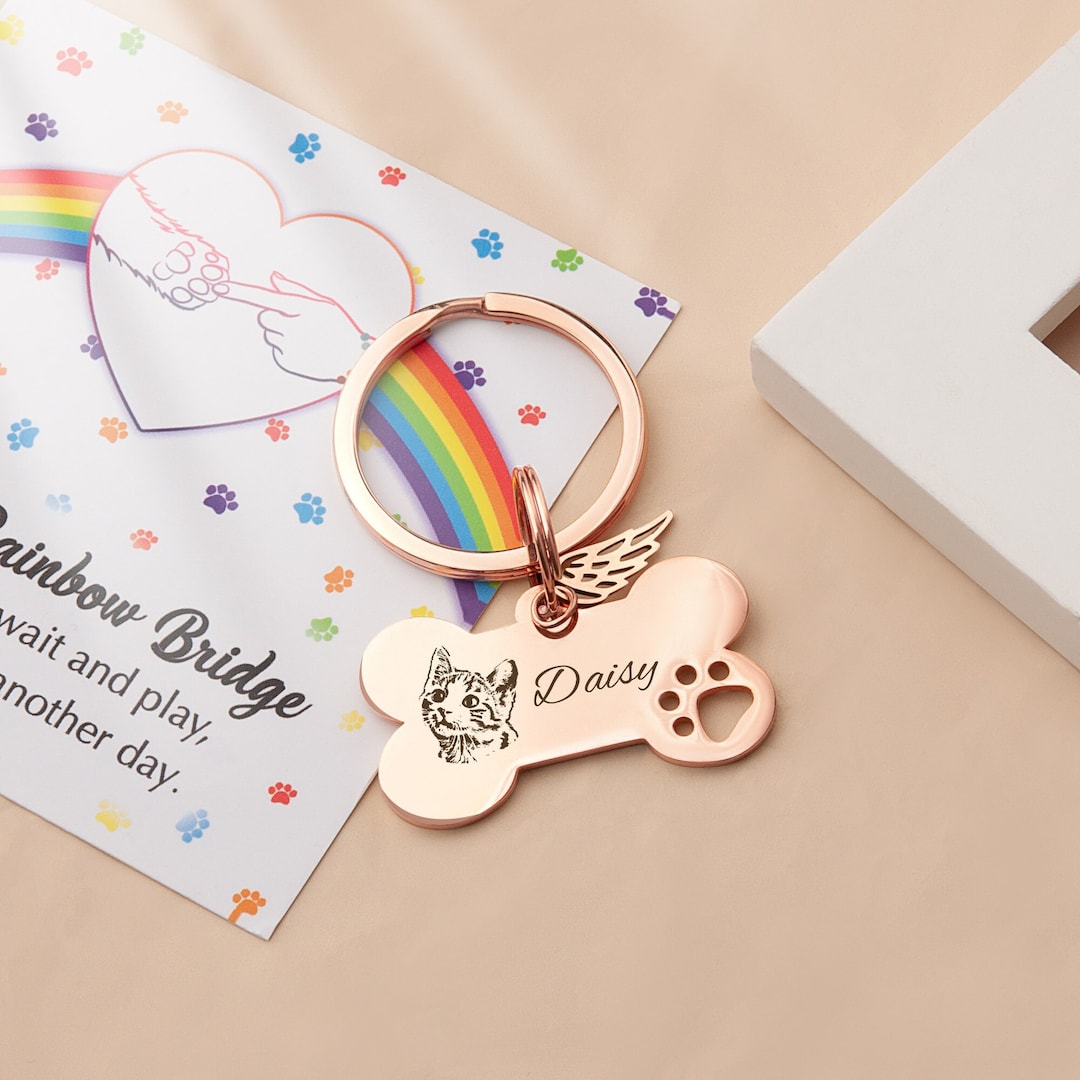 Rainbow Bridge Memorial Keychain - Custom Pet Keychain Bone Shape - Cat ...