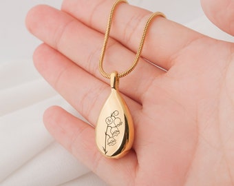 Custom Name Gold Birth Flower Urn Necklace, Birth Flower Drop Urn Necklace for Ashes, Custom Engraved Ashes ,Personalized Memorial Jewelry