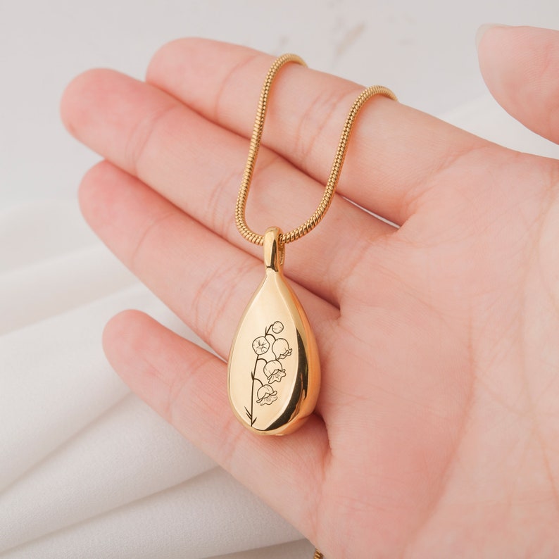 Teardrop Urn Necklace for Ashes - Personalized Birth Flower Keepsake Memorial Necklace - Engraved Birth Flower Keepsake for Women image 4