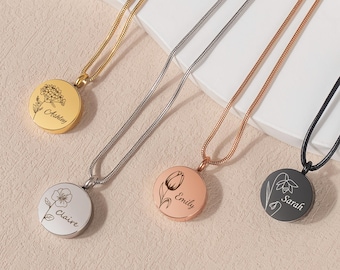 Custom Engraved Birthflower and Name Ashes Necklace - Personalized Birth Flower Urn Necklace - Ashes Keepsake Cremation Jewelry for Women