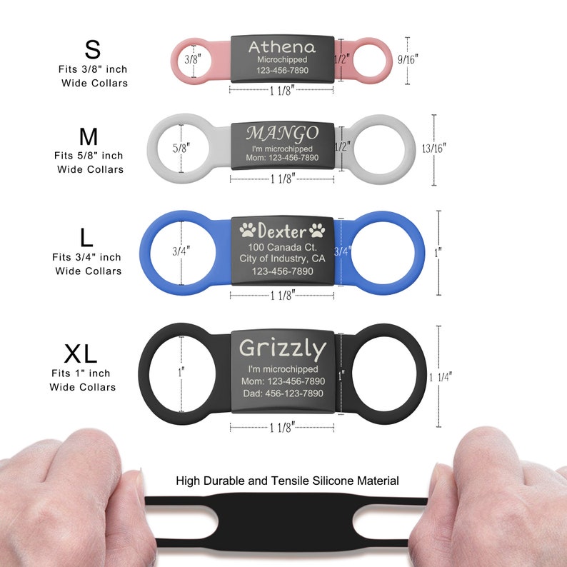 May include: Four silicone pet collar tags in sizes S, M, L, and XL, featuring pink, gray, blue, and black bands with central black plates engraved with names and contact info. Dimensions are labeled in inches, showing fits for 3/8 to 1 inch collars.