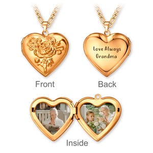 Rose Heart Locket Necklace • Engraved Stainless Steel Photo Necklace • Personalized Memory Photo Locket Pendant • Memorial Gift for Grandma