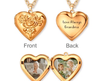 Rose Heart Locket Necklace • Engraved Stainless Steel Photo Necklace • Personalized Memory Photo Locket Pendant • Memorial Gift for Grandma