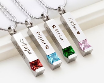 Custom Birthstone Urn Necklace for Human and Pet Ashes, Cremation Memorial Jewelry 4 Sides Bar Vertical Pendant Necklace