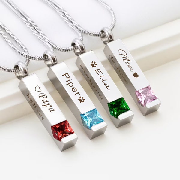 Custom Birthstone Urn Necklace for Human and Pet Ashes, Cremation Memorial Jewelry 4 Sides Bar Vertical Pendant Necklace
