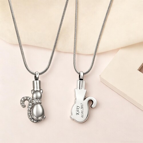 Collar con urna para cenizas de gato - Colgante conmemorativo de cristal grabado a medida - Joyería de recuerdo para mascotas - Regalo de duelo para amantes de los gatos