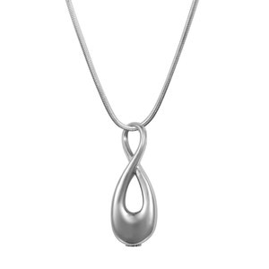 May include: A silver infinity pendant necklace with a hollow teardrop shape. The pendant is a cremation jewellery piece.
