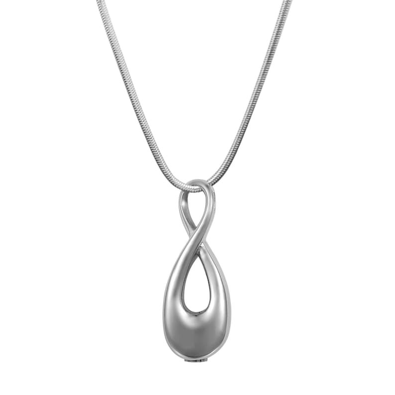 May include: A silver infinity pendant necklace with a hollow teardrop shape. The pendant is a cremation jewellery piece.