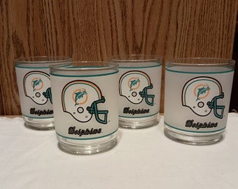 4 Vintage NFL Miami Dolphins 1980's 12oz Mobil Frosted Tumbler Old Fashioned