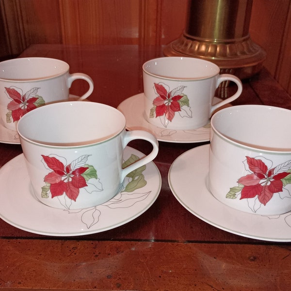 BLOCK SPAL Portugal Watercolors POINSETTIA Flat Tea Cup & Saucer 4 Sets 1982 Vtg