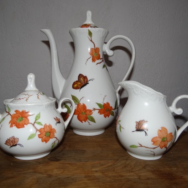 1987 Hand Painted Spal Porcelanas Tea or Coffee Service. Tea Pot, Creamer, Sugar Bowl