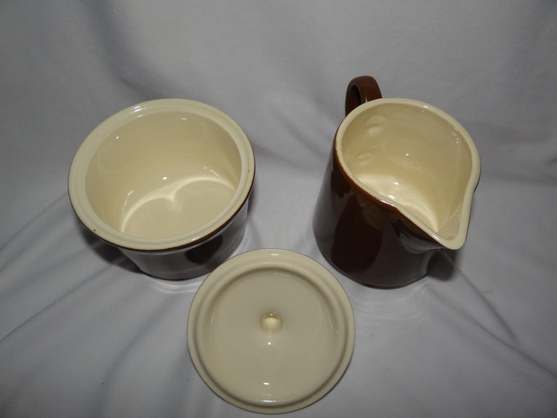 1970s Brown and Ivory Ceramic Coffee Pot Sugar with Lid Creamer 6 Cups and 7 Saucers Perfect condition!