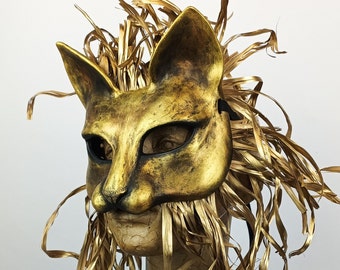 Gold Lion costume mask for adult or older child. King of the jungle lion mask with raffia mane. Animal fancy dress for theatre or party