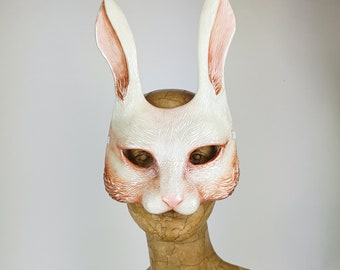 Beautiful rabbit mask in pearl & champagne finish. Adult resin bunny mask for play, woodland wedding, masquerade ball. Handcrafted art mask