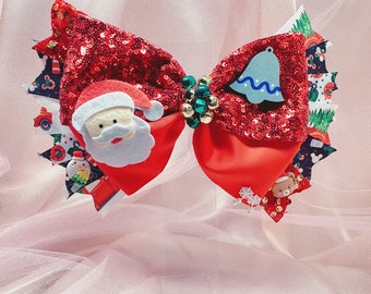 Handmade Christmas Bells Felt Santa Claus Hair Bow Fashion Accessory, Handmade Fun Red X-Mas Hair Clip, Whoville Hair Bow