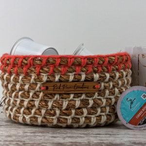Coral and Off White Round Crochet Rope Basket-Rustic Home or Cabin-Storage and Organization-Gift for Her-Nursery-Bath-Living Room image 6