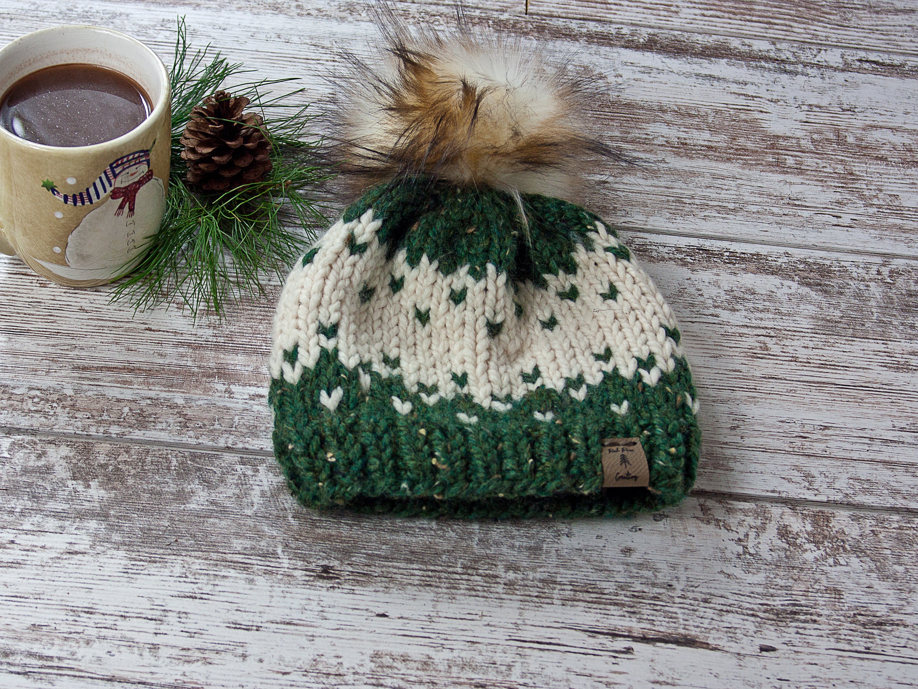 HANDMADE Chunky Fair Isle Beanie Hat, Warm Winter Weather Accessory Gift Handmade Fair Isle Knit Winter Hat: Chunky Wool Blend Pom  main image 4