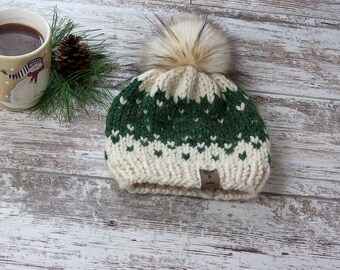 Women's  Chunky Wool Knitted Winter Beanie/Winterfell Beanie/White with Green Hat/Classic Fair Isle Knit/Beanie with Pompom/Wool Toque