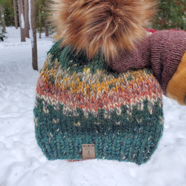 Women's Chunky Wool Knit Winter Beanie/Winterfell Beanie/Rust Hat/Classic Fair Isle Knit/Beanie with Pompom/Wool Toque/Handknit Winter Cap