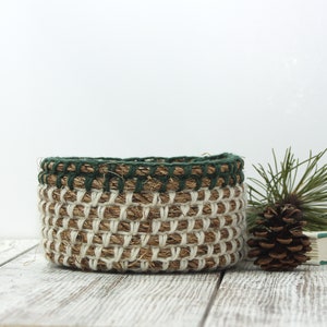Dark Green/ White Round Crochet Rope Basket-Rustic Home, Cabin, RV Organization-Stylish Organizer for Keys, Remotes,& Essentials-Unique Gift