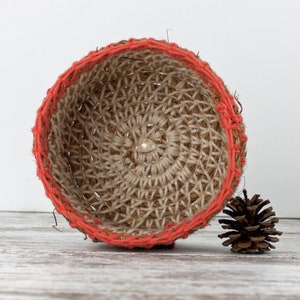 Coral and Off White Round Crochet Rope Basket-Rustic Home or Cabin-Storage and Organization-Gift for Her-Nursery-Bath-Living Room image 4