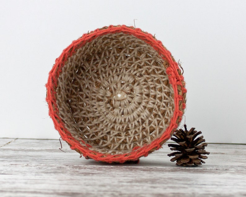 Coral and Off White Round Crochet Rope Basket-Rustic Home or Cabin-Storage and Organization-Gift for Her-Nursery-Bath-Living Room image 4