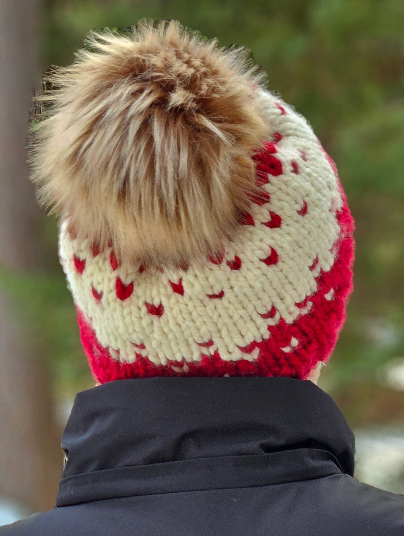 HANDMADE Chunky Fair Isle Beanie Hat, Warm Winter Weather Accessory Gift Handmade Fair Isle Knit Winter Hat: Chunky Wool Blend Pom  main image 2
