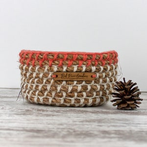 Coral and Off White Round Crochet Rope Basket-Rustic Home or Cabin-Storage and Organization-Gift for Her-Nursery-Bath-Living Room image 2