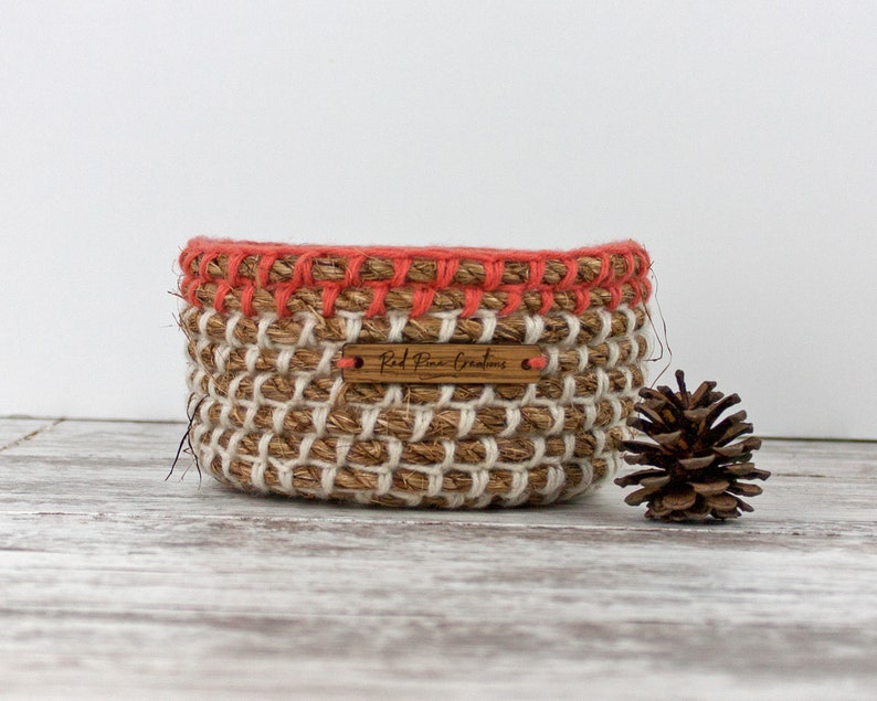 Coral and Off White Round Crochet Rope Basket-Rustic Home or Cabin-Storage and Organization-Gift for Her-Nursery-Bath-Living Room image 2