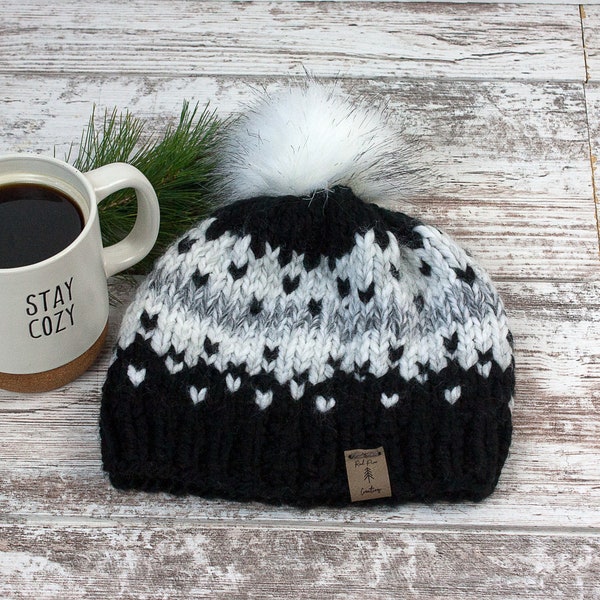 Chunky Wool Fair Isle Beanie with Faux Fur Pom Pom/Handmade Knit Hat for Outdoor Adventures/Black Woman's Winter Hat