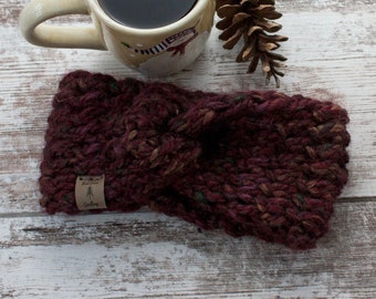 Burgundy Wool Blend Twist Style Headband, Green Ear Warmer, Winter Wear, Head Gear, Outdoor Hat, Messy Bun Turban