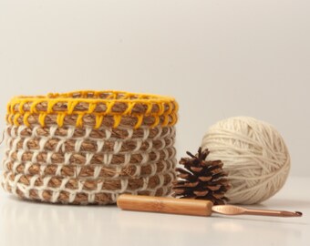 Rustic Chic Home Décor/Yellow and Off White Round Crochet Rope Basket/ Storage and Organization Needs/Catch All Basket