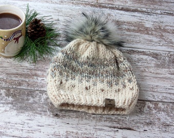 Women's  Chunky Wool Knitted Winter Beanie/Winterfell Beanie/Neutral Beige and Gray Hat/Classic Fair Isle Knit/Beanie with Pompom/Wool Toque
