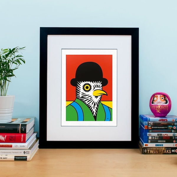 Bird in bowler hat and braces art print | quirky animal as a person | cute pop surrealism illustration | contemporary home wall decor