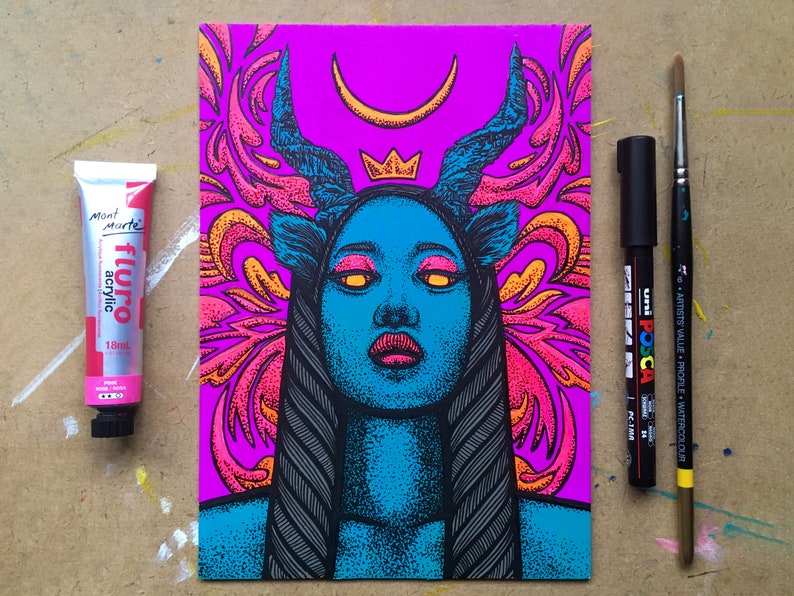 Lockdown Girl #5 \u2013 Original painting of a psychedelic emo goth girl with horns Uses UV Black Light fluorescent glow neon paints
