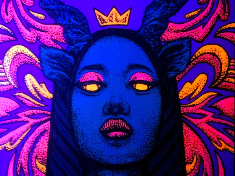 Lockdown Girl #5 \u2013 Original painting of a psychedelic emo goth girl with horns Uses UV Black Light fluorescent glow neon paints