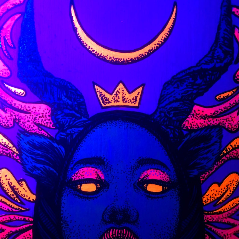 Lockdown Girl #5 \u2013 Original painting of a psychedelic emo goth girl with horns Uses UV Black Light fluorescent glow neon paints