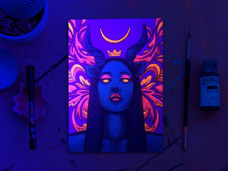 Lockdown Girl #5 \u2013 Original painting of a psychedelic emo goth girl with horns Uses UV Black Light fluorescent glow neon paints