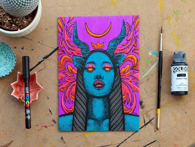 Lockdown Girl #5 \u2013 Original painting of a psychedelic emo goth girl with horns Uses UV Black Light fluorescent glow neon paints