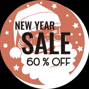 Op de afbeelding: Een rond rood en wit nieuwjaarsverkoopbord met een cartoon-kerstman. Het bord zegt "New Year Sale 60% Off".